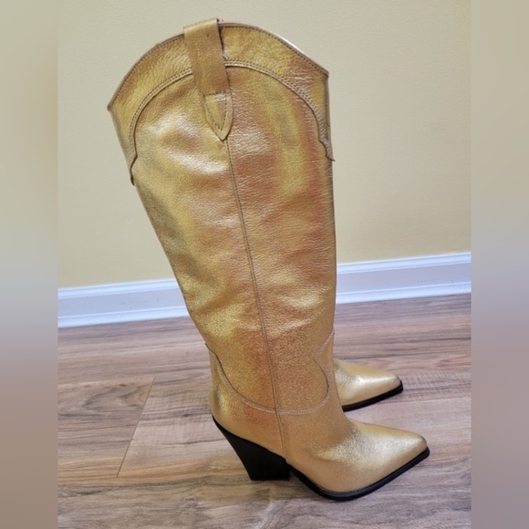 Marc Fisher LTD, Nalita Pointed Toe Western Boot, gold, size US 8.5 - Picture 2 of 13